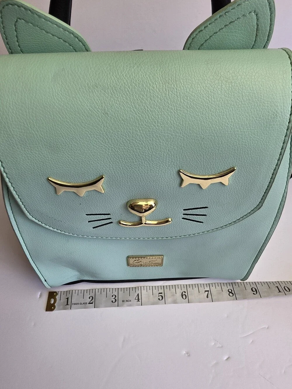 Betsey Johnson ~ Luv Betsey Small Cat Backpack/Purse Mint Gold Black Vegan Leath